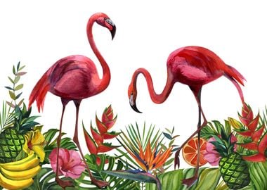 Flamingo bird and flowers