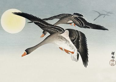 Geese and sun woodblock