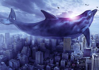 Flying dolphine over city