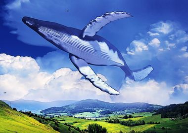 Whale flying over valley