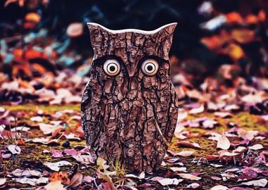 Wooden owl and dead leaf