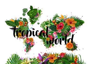 world map tropical leaves