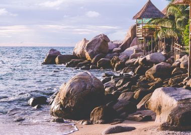 Bamboo Hut Over Sea On Sun