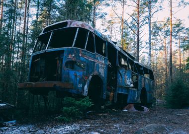 wood blue bus