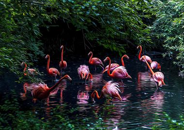 Pink flamingos in a pond