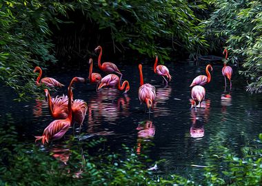 Pink flamingos in a pond