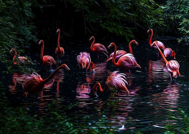 Pink flamingos in a pond