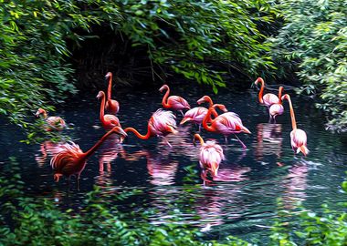 Pink flamingos in a pond