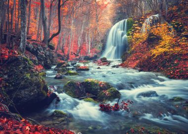 Autumn forest waterfall