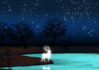 Forest Deer at starry sky