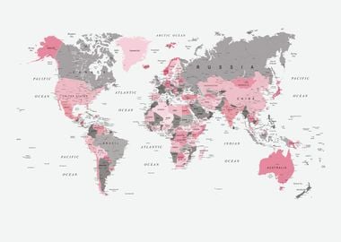 World Map Bright Pink Grey