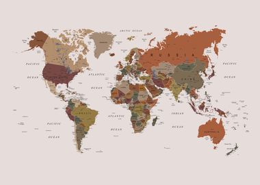 World Map Earthy Tones