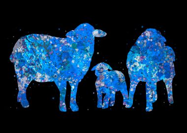 Sheep family blue art