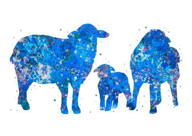 Sheep family blue art