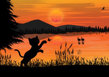 Cat by Sunset nature