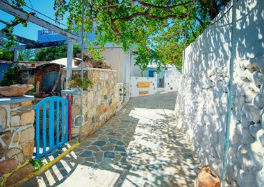 Greek street, blue sky