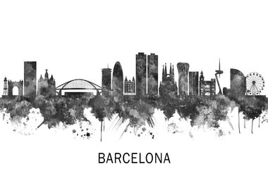 Barcelona Spain Skyline BW