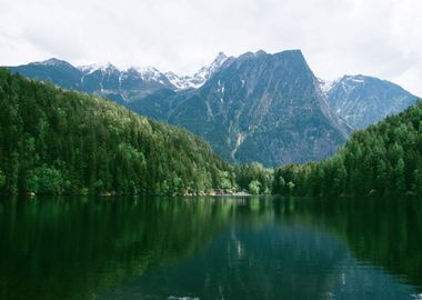 Mountain by Lake at Forest