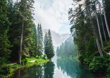 Mountain by Lake at Forest