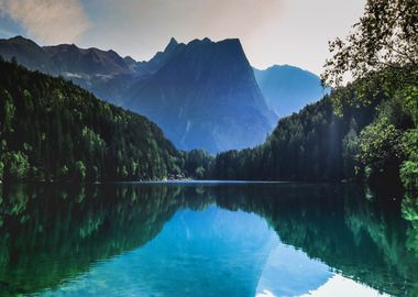 Mountain at Lake by Forest