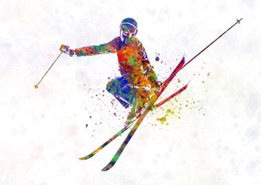 Skier jumping in watercolo