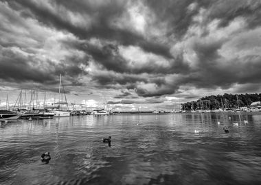 Marina, lake, Poland, B&W