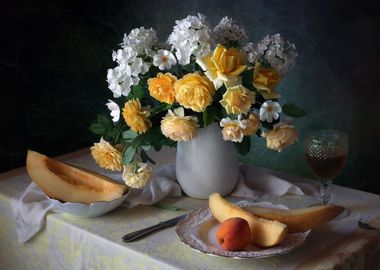 Yellow roses and melon