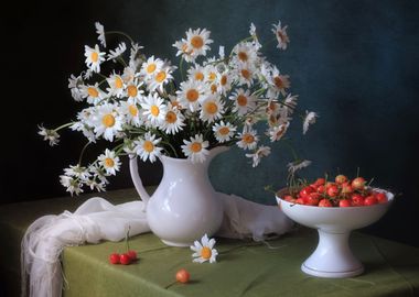 White daisies and cherries