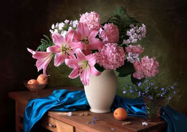 Pink hydrangea and lilies