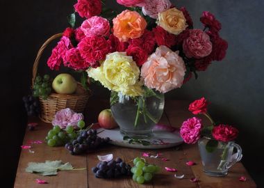 Colorful roses and fruits