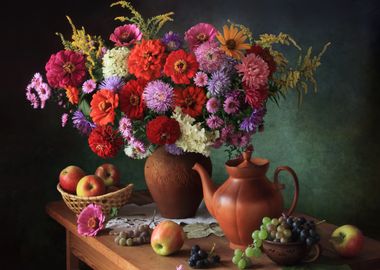 Colorful zinnium and grape