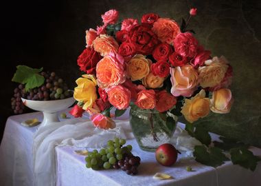 Tea roses and fruits