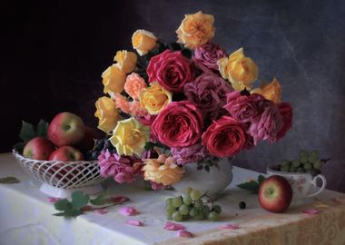 Yellow roses and fruits