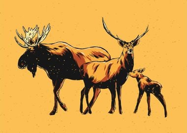 Hand drawn moose family