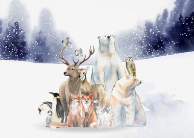 Animals at Snow in Forest