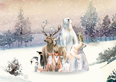 Animals at Snow in Forest