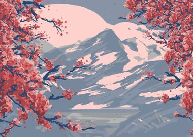 Mountains sakura trees