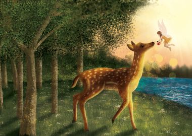 Fairy feeding a deer