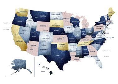 US Map Blush Navy Gold