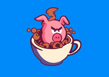 Pig angry bathing in coffe