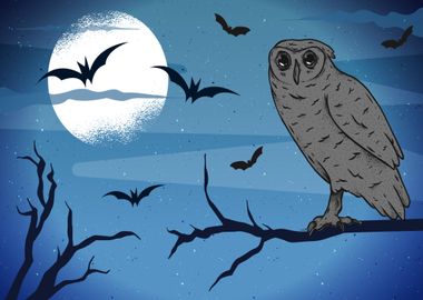 Owl at the Tree by Moon