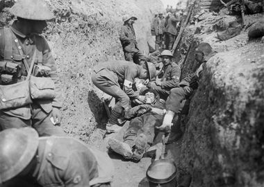 Wounded men being tended