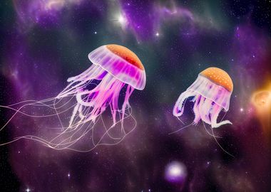 Jellyfish swimming in spac