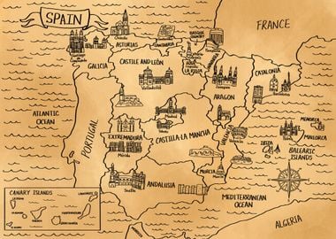 Brown Vintage Map of Spain