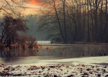 Winter travel, frozen lake