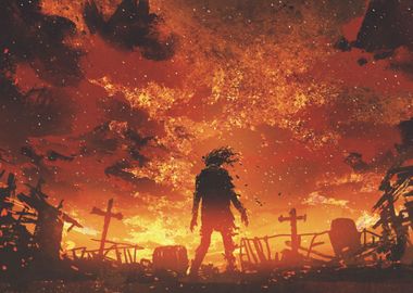 Zombie with burning sky