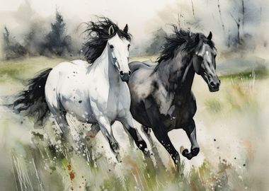 Black and White Horses Run