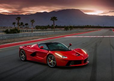 Art Poster La Ferrari Red Sport Car in Sunset on the Highway