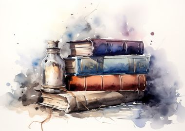  Watercolour - Painting: Books