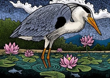 Heron and Lotus flowers 